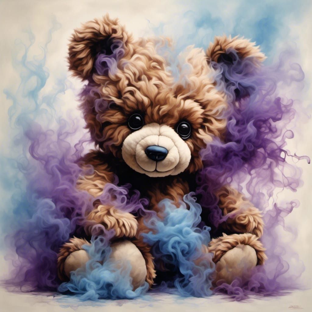 <lora:Smokey:1.0> Oil painting of a brown and tan teddy bear made of coloured smoke, tones, pastel blue and purple tones, hyper realistic,...