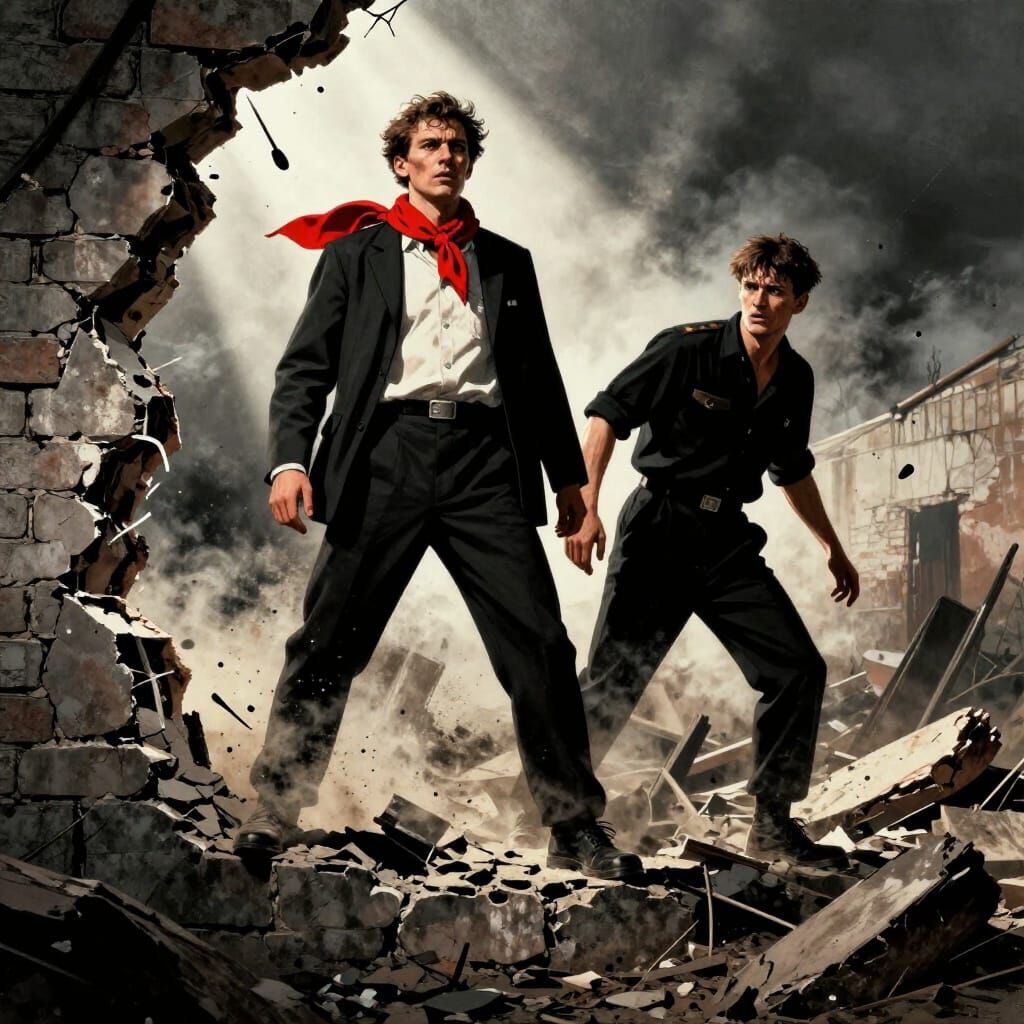 Figures on Crumbling Wall Amidst Chaos