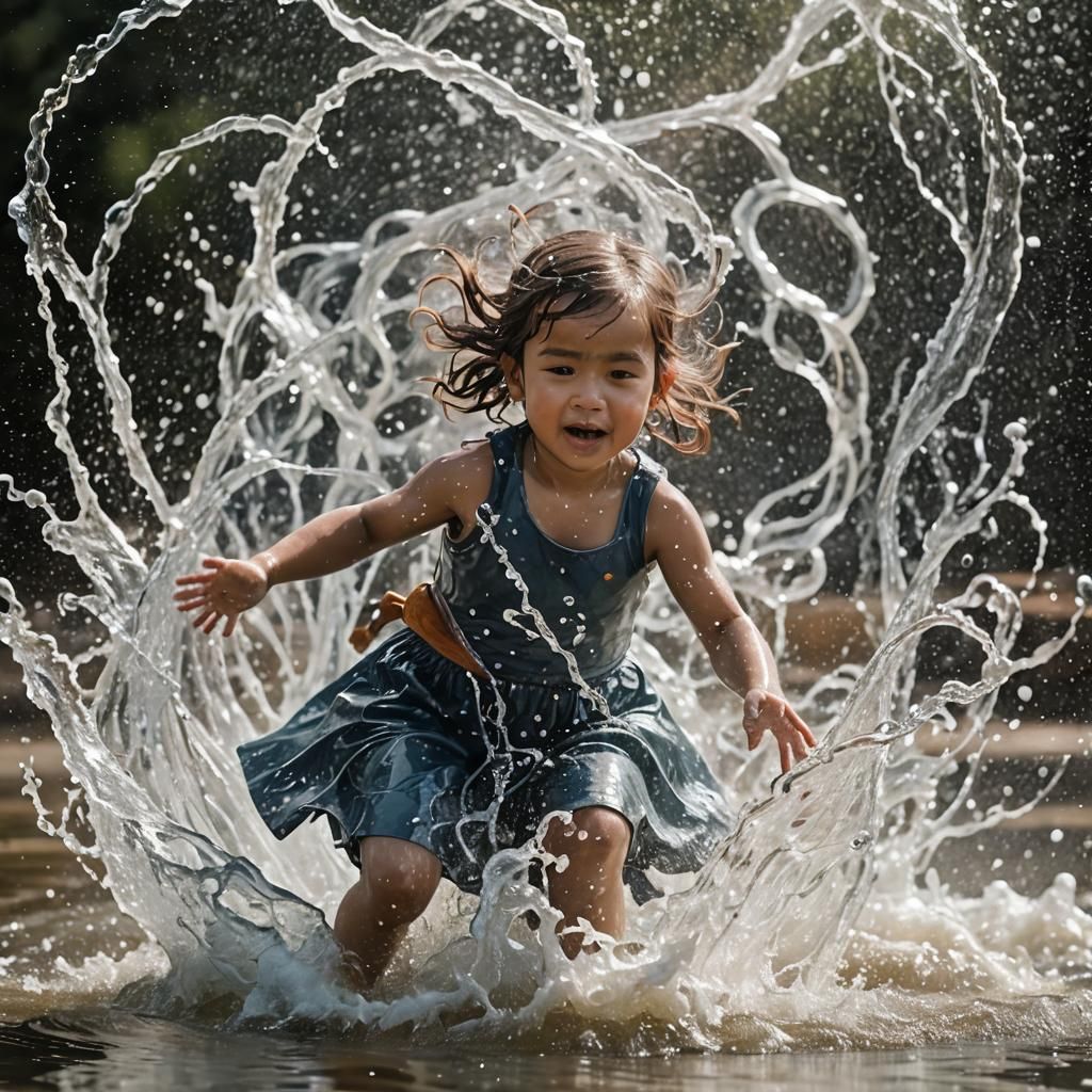 A small girl with water power. Water swirls around the girl ...