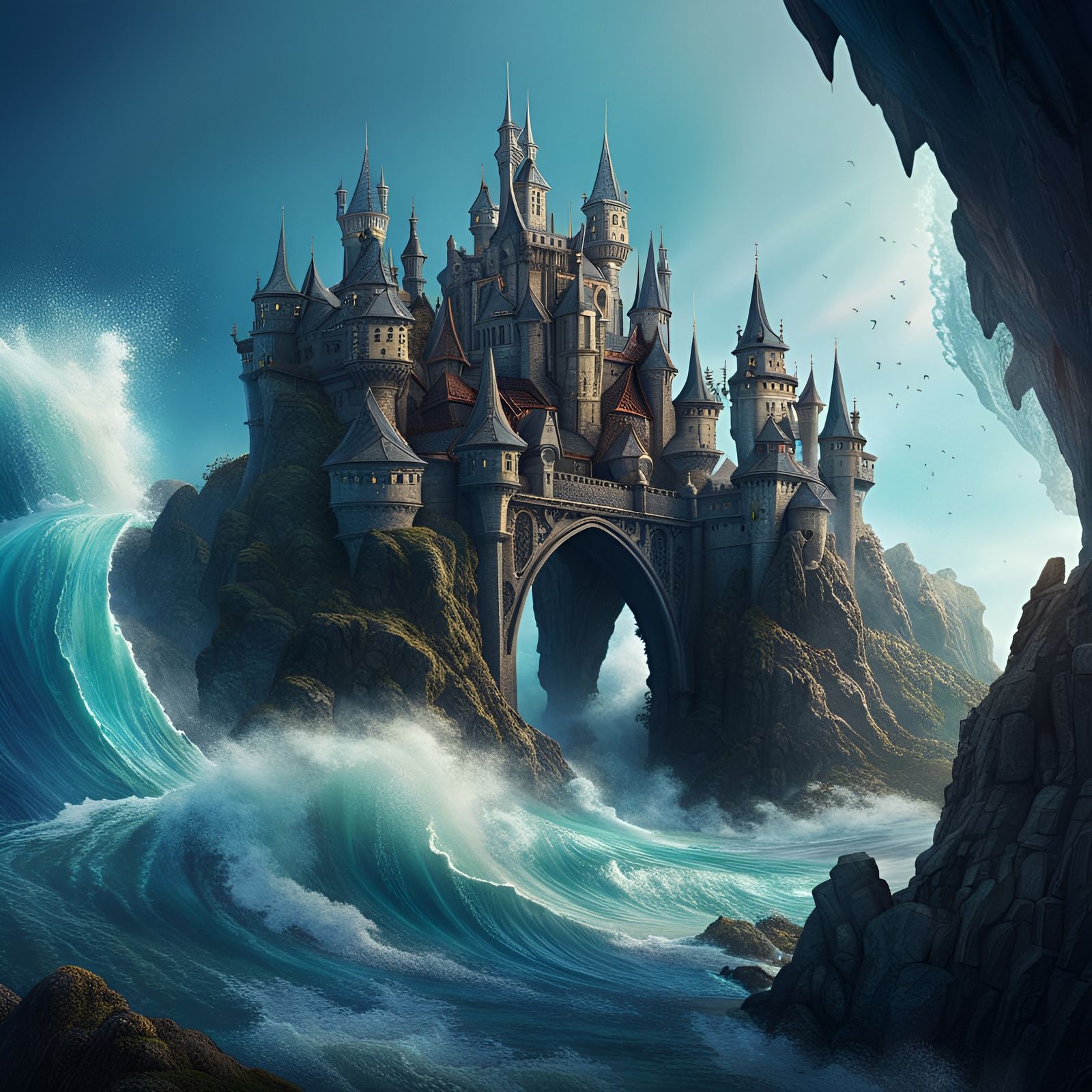 Rocky shoreline, fantasy castle - AI Generated Artwork - NightCafe Creator