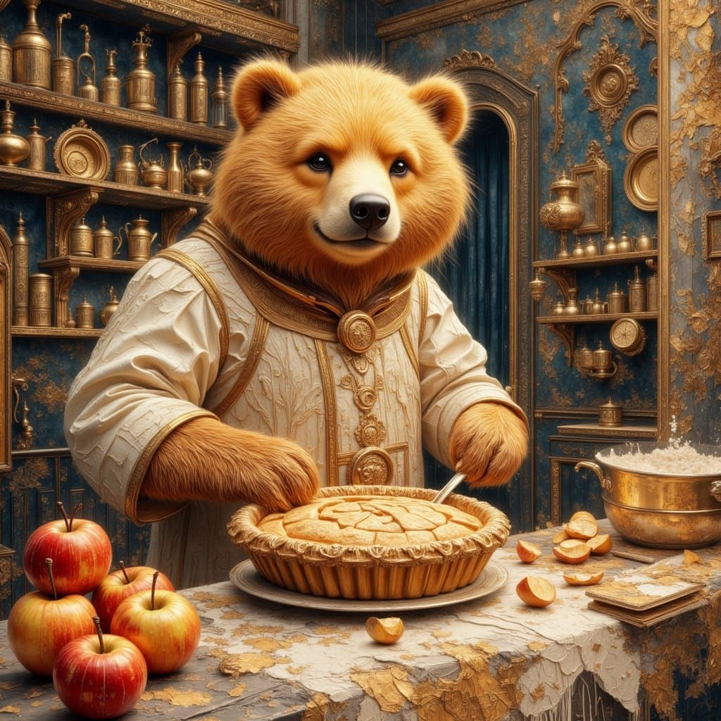 Mother bear making a delicious apple pie, a mess of sugar, pieces of apples, flour powder on the kitchen. ...  by @Jose