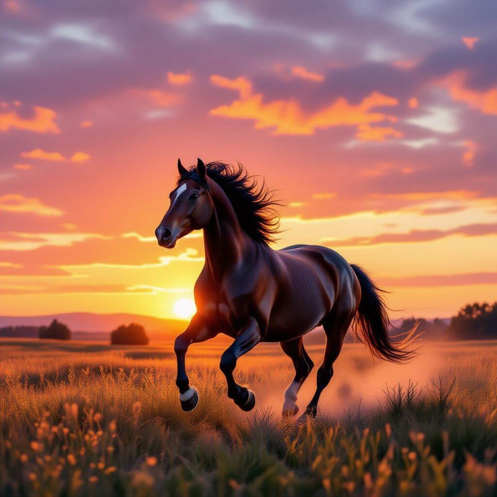 Majestic Horse Gallops Through Sunrise Landscape