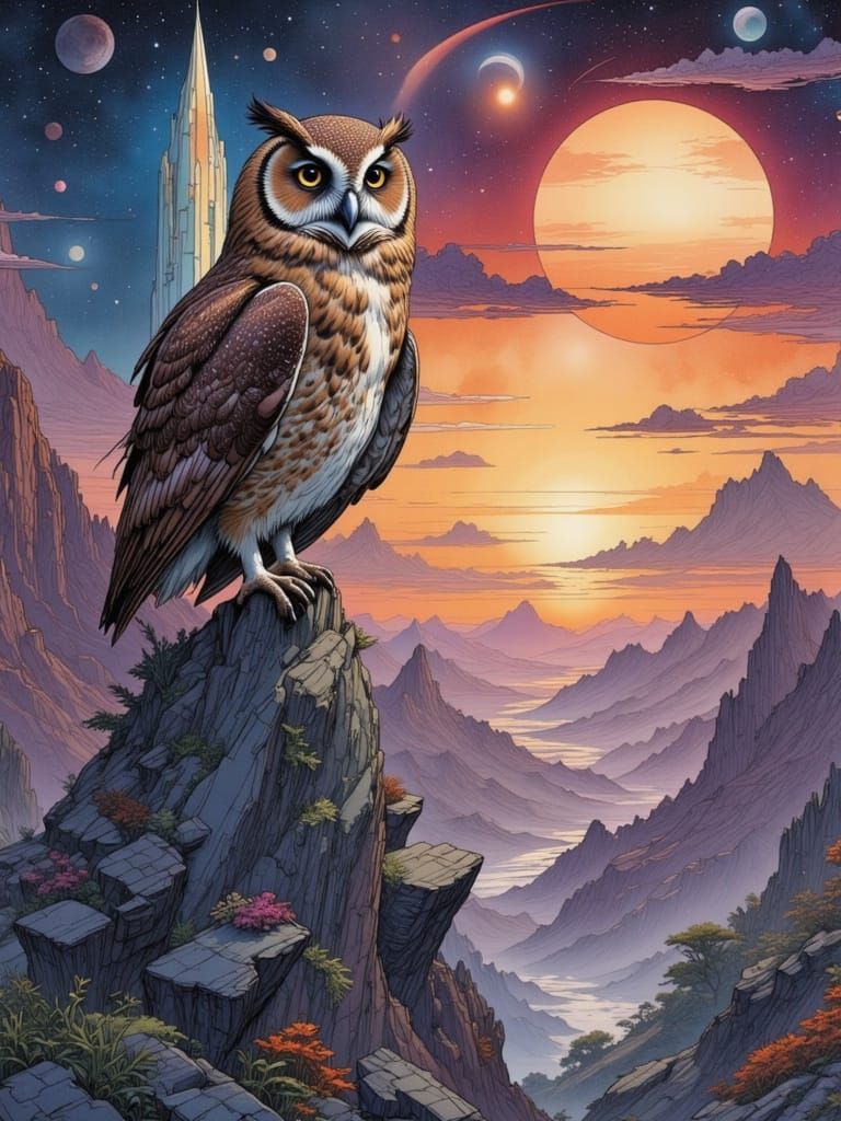 An ancient owl, its feathers starlight-soaked, watches from a crystal spire