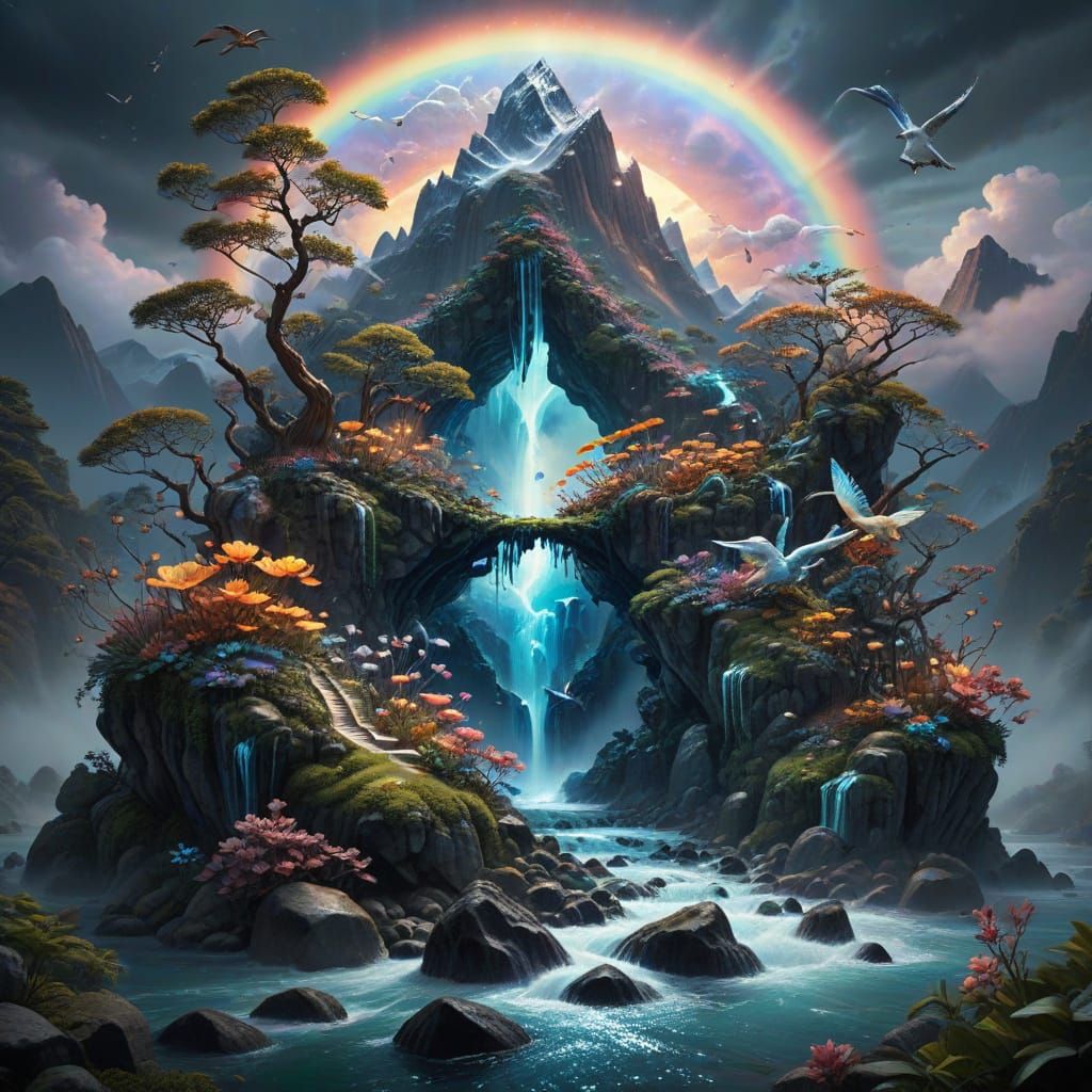 Epic Japanese Scroll Painting with Vibrant Gemstones and Maj...