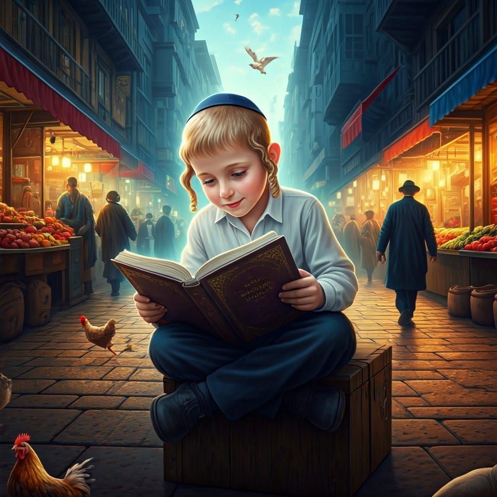 Hasidic Boy Studies in Magical Market Scene