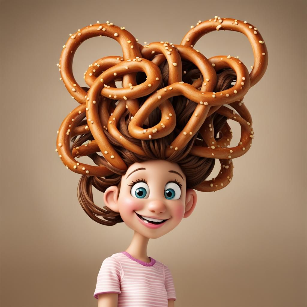 A whimsical character with a head full of pretzels for hair.   by @Jan