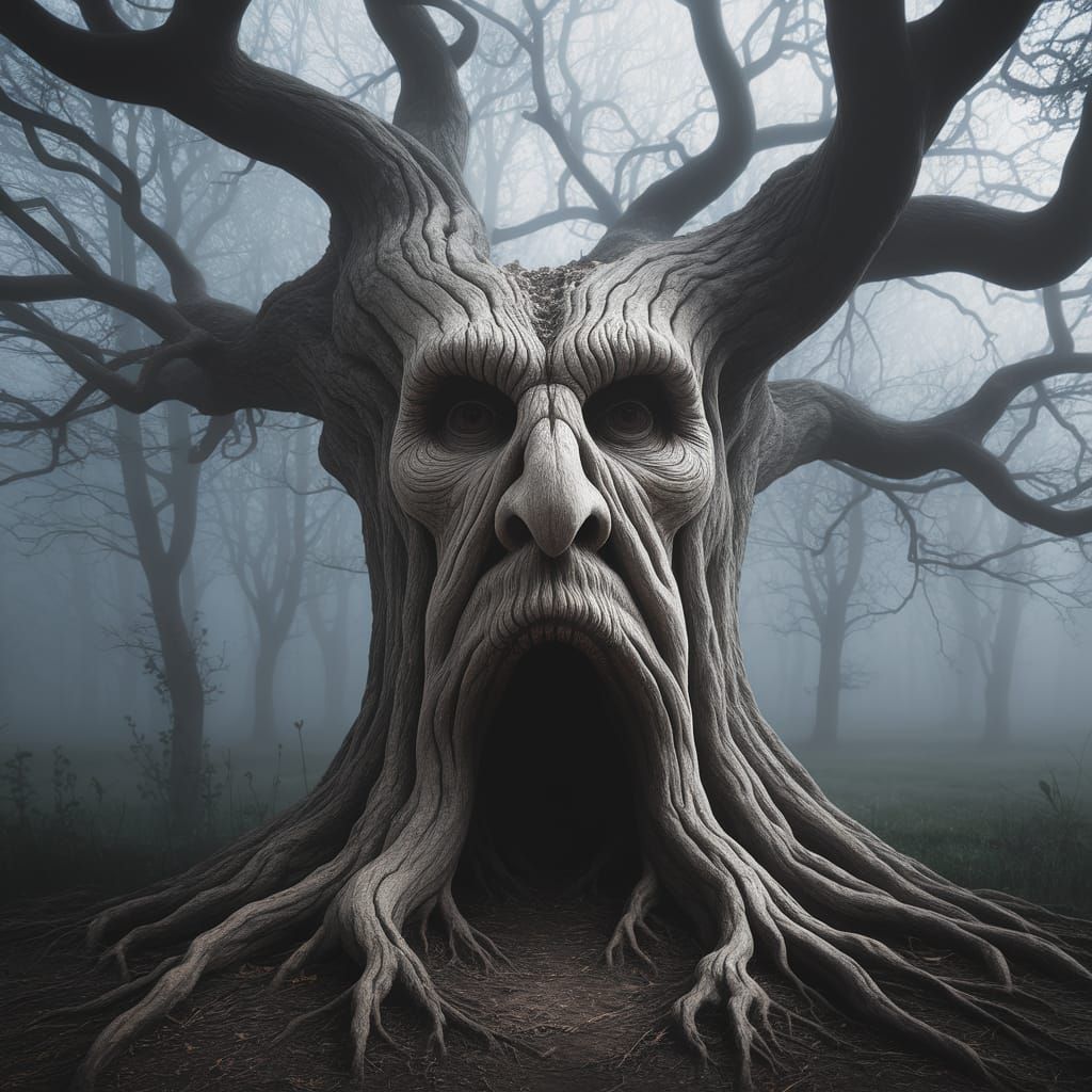 A gnarled, centuries-old oak stands in a misty forest, its twisted bark forming the illusion of a wise, knowing face. Th...