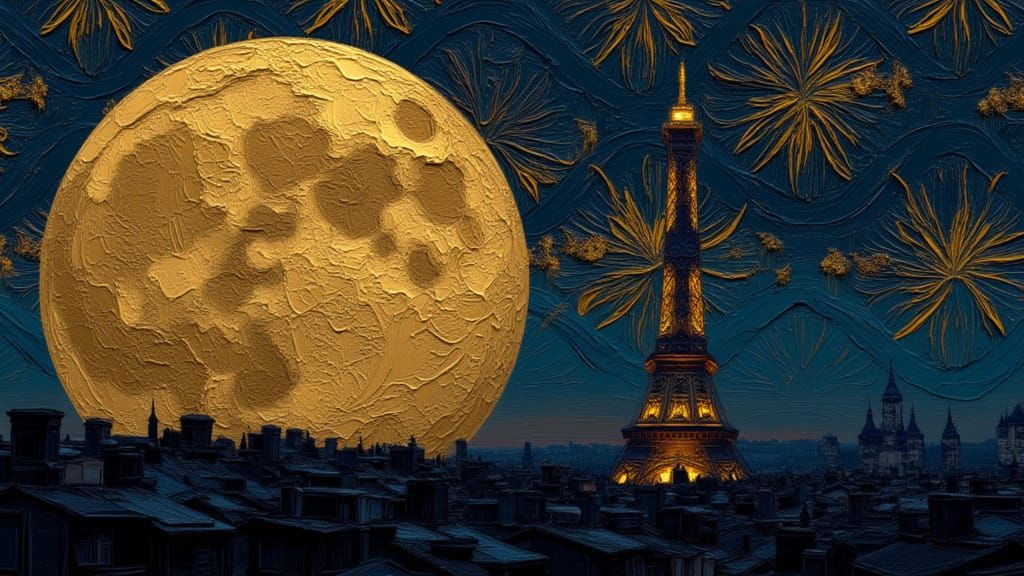 Surreal illustration. Close up of an Arabesque golden half moon over Paris France Parisian landscape. In the background ...