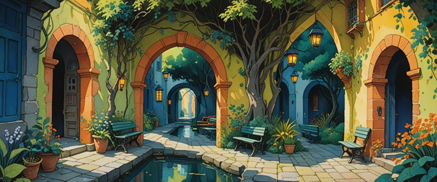 mysterious passageway, moebius, ghibli, comic book style, watercolor, gouache, castle, dungeon, benches, tables, stone walls, arches, doorwa...