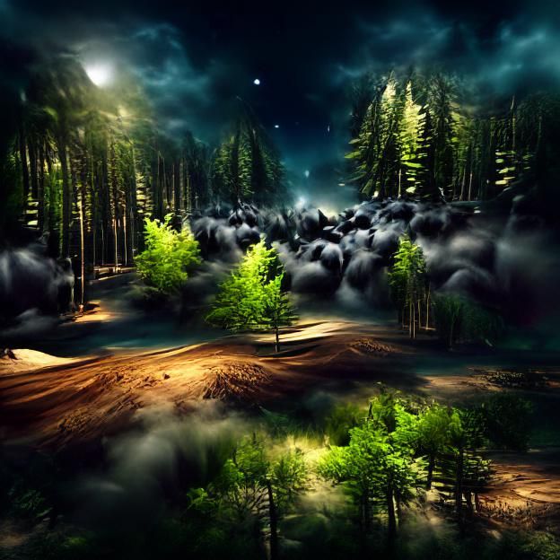 Beautiful deep dark summer night forest [8K 3D matte paintin...