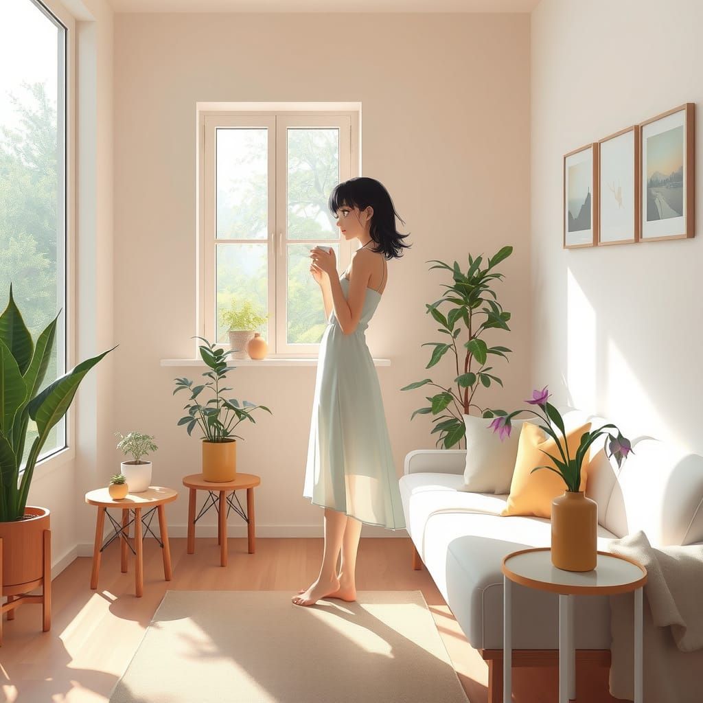 Serene Woman in Minimalist Apartment Basks in Soft Natural L...