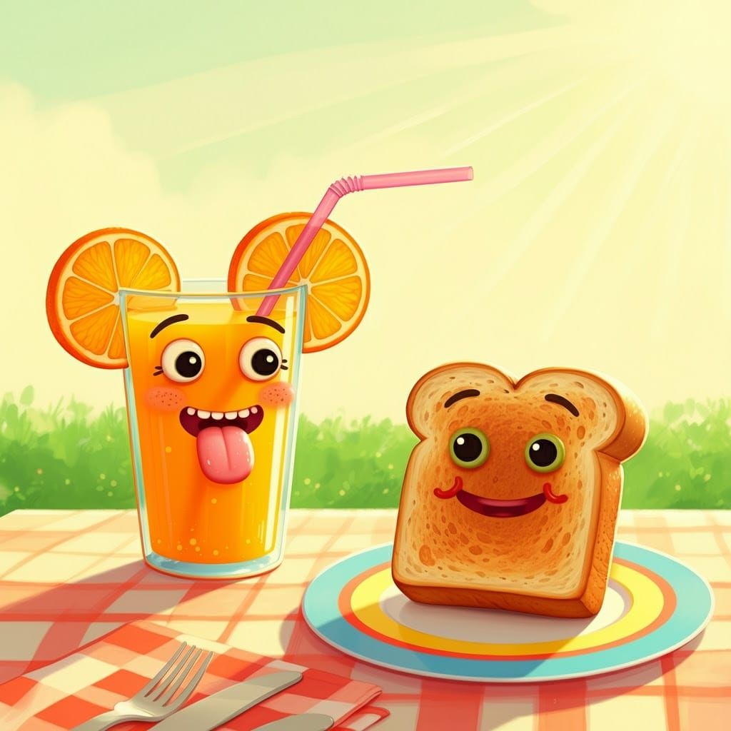 Surprised Orange Juice and Happy Toast at Picnic