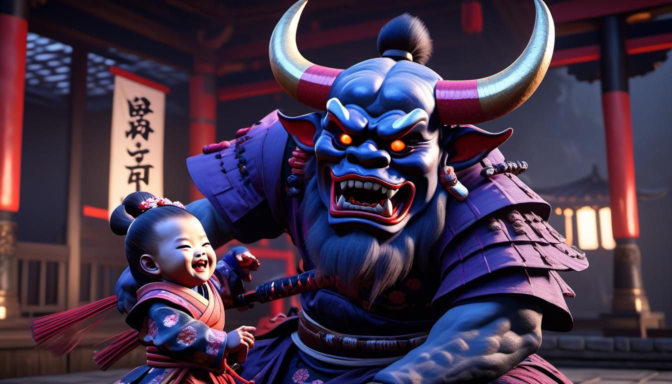 A baby Japanese princess plays with her pet Oni, monster