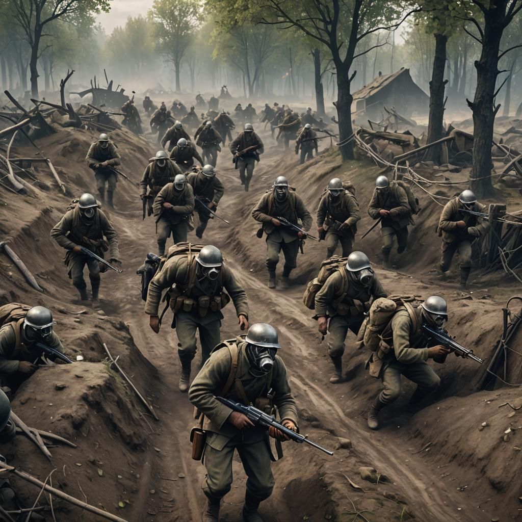 Soldiers on the worldwar 1 battlefield, trenches, gasmasks, ...