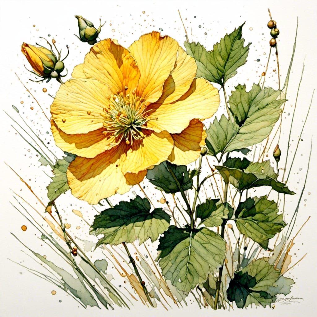 Elegant Flower with Leaves in Avian Ink Style