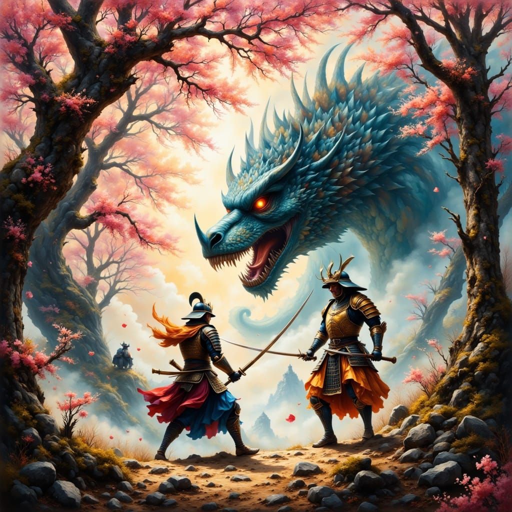 Samurai Battle Mythical Creatures in Mystical Forest Oil Pai...