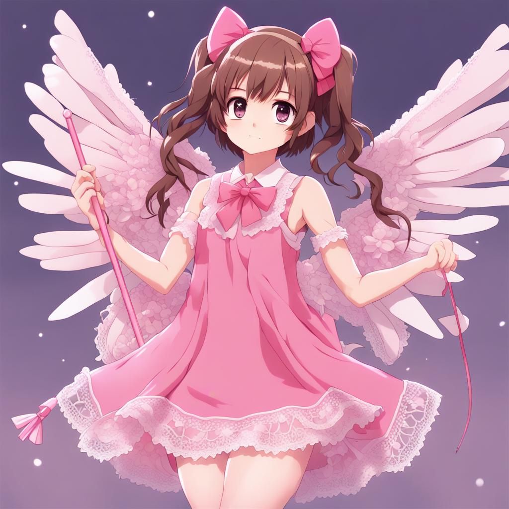 Anime Girl in Pink Lace Dress with Winged Staff