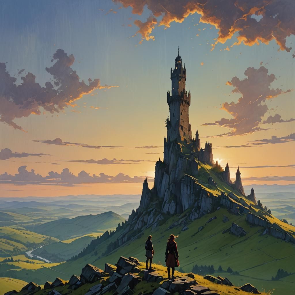 A girl stands on a mountaintop and looks at the other peaks ...