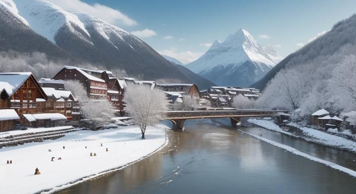town with snow, mountain and river