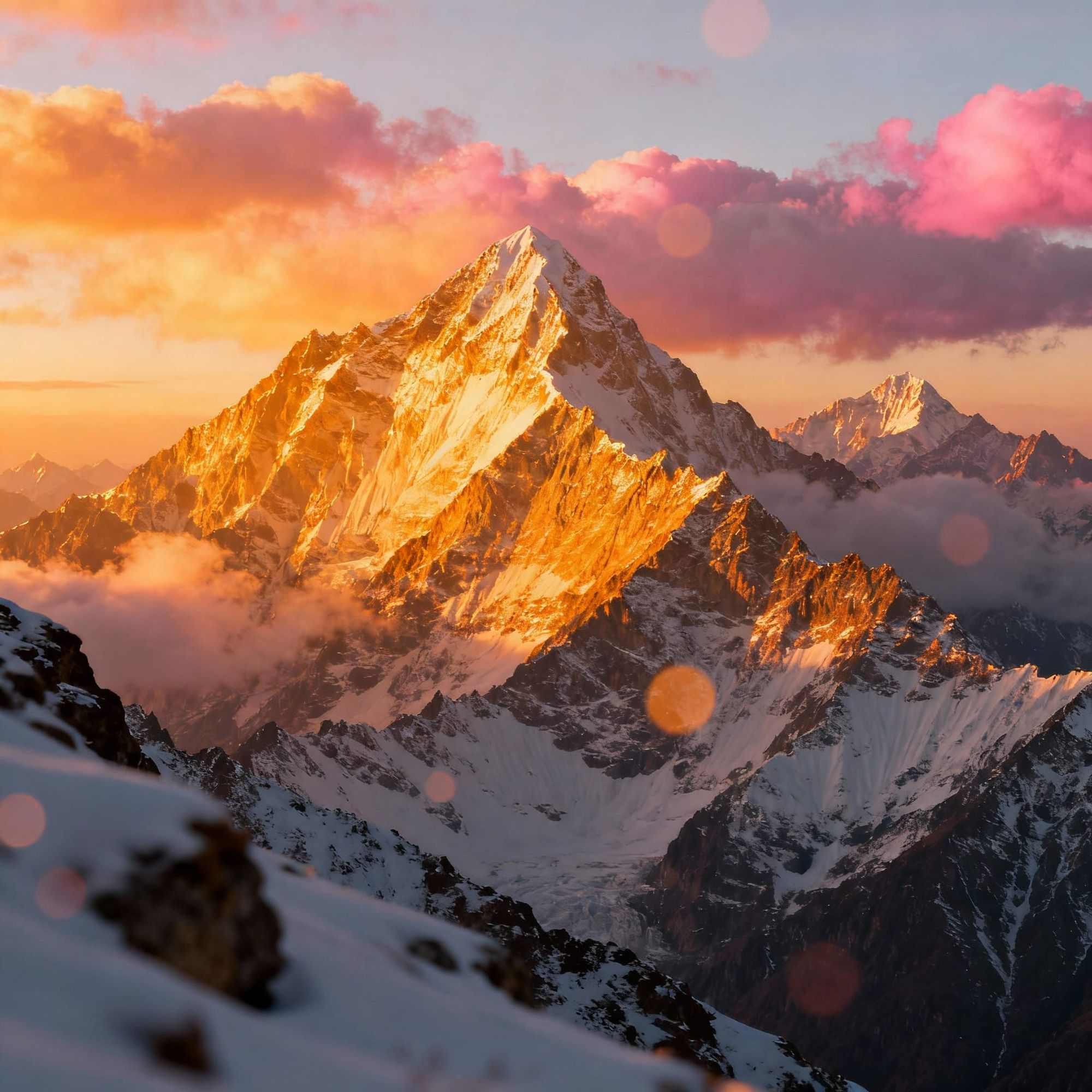 1. "A majestic golden sunrise over the Himalayas, clouds glowing with pink and orange light, ultra-detailed, 8K"

