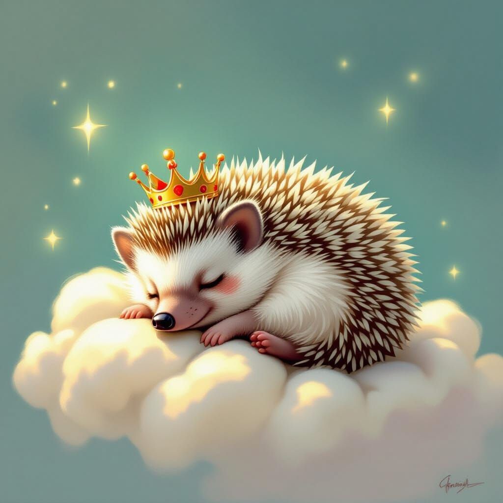 Sleeping Hedgehog King on Cloud in Painterly Fantasy Style