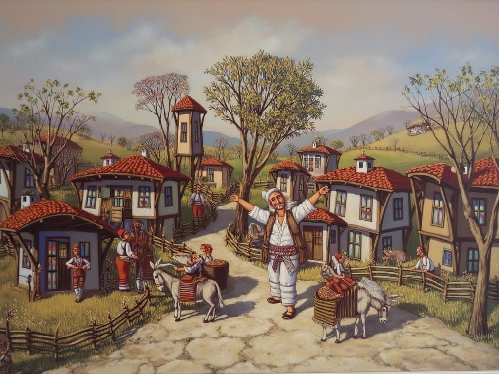 <lora:naive art:1.0> Rural landscape ,bulgarian villager cel...