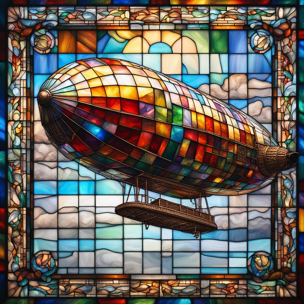 Zeppelin created out of crystal, stained glass , flying in time AI Generated Artwork
