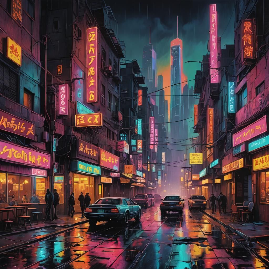 Impasto and neon for a film scene of a city at night, with neon signs in bars, in cinemas, everywhere ...  by @Helent