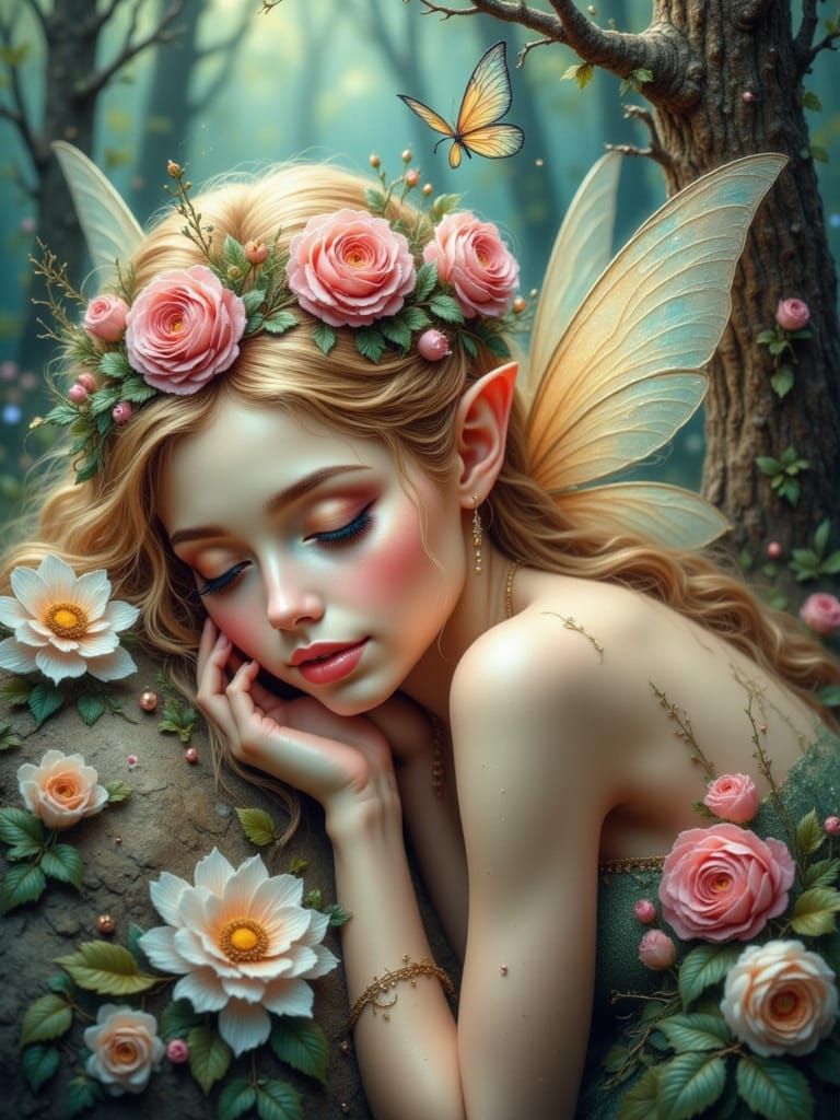 Fairy Girl Sleeping Peacefully Among Giant Acorns