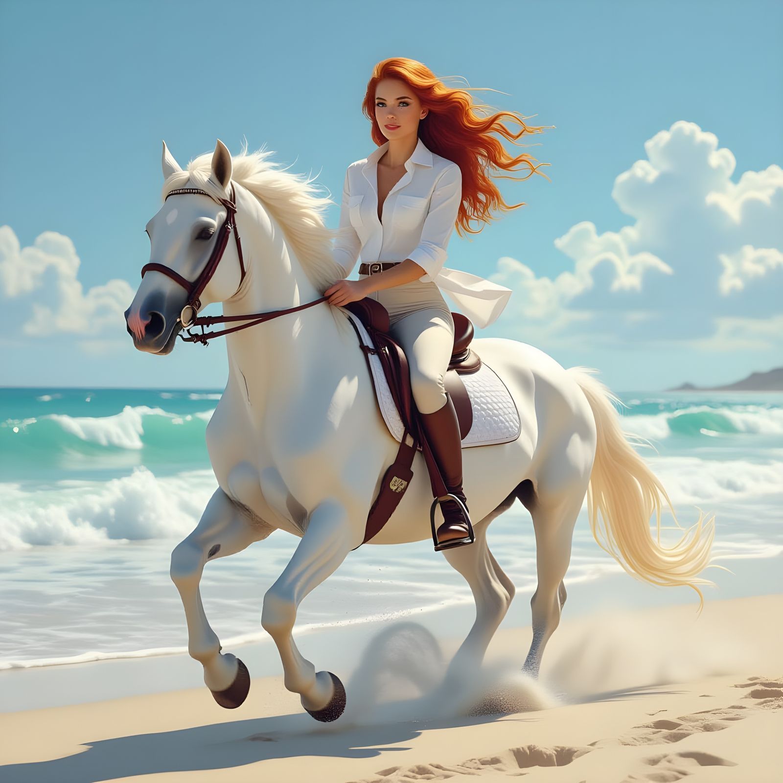 A gorgeous 30-something redhead rides bareback atop a powerful white stallion along the edge of a sunny, ...  by @The Singularity