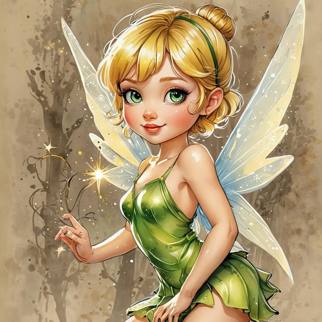 Cute chibi Tinkerbell ; dynamic lighting, shiny, glowing, sparkling ...