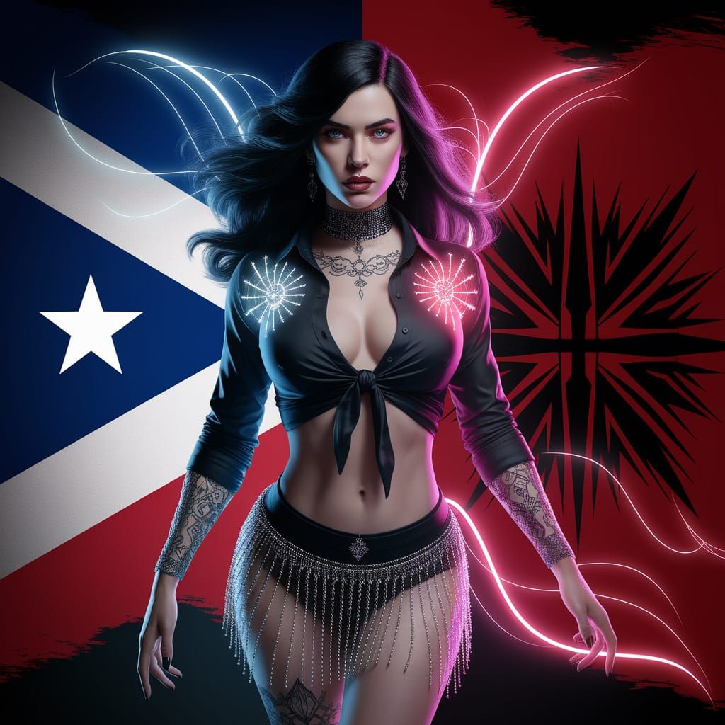 Goth Latina with Bioluminescent Tattoos in Mystical Flag Bac...