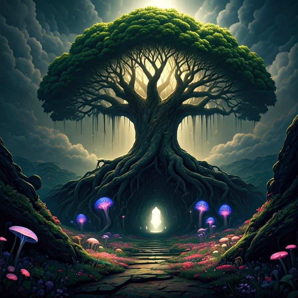 Mystical Forest Landscape with Glowing Flora