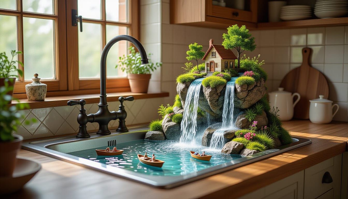 A kitchen tap pours out a mini magical waterfall into a sink in a rustic kitchen, with a mini landscape ...  by @Spearmint