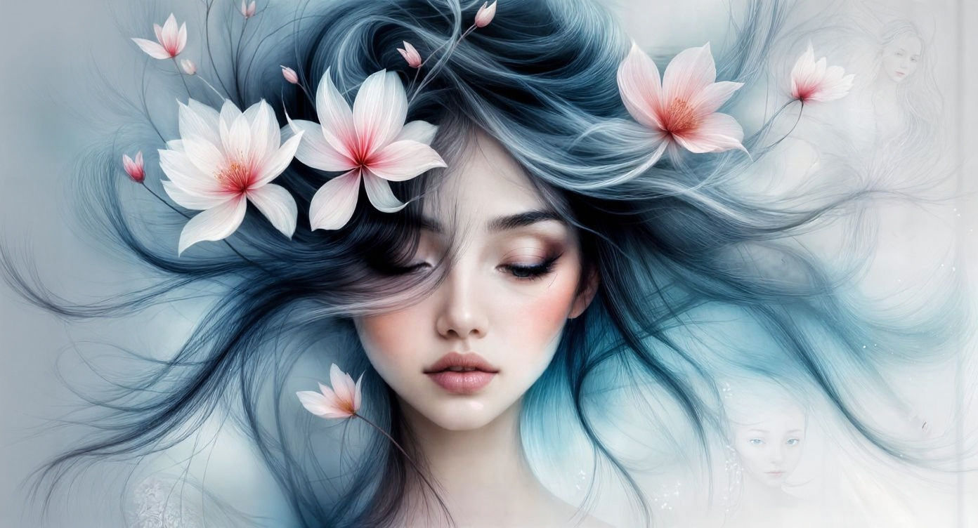 Dreamy Woman Amidst Pink Blooms in Watercolor Style