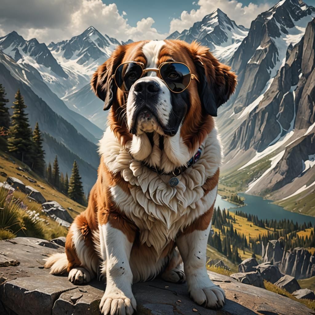 Dog St Bernard Wearing Sunglasses in the sunny Mountain