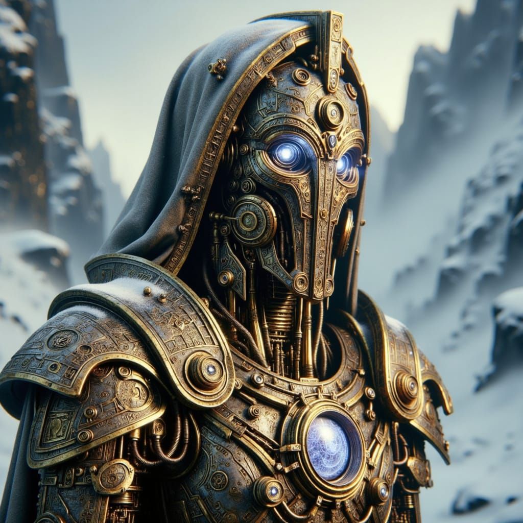 dwemerpunk, sculptural-statue of the phoebism elf-lady, Snow-mountains,<lora:Dwemerpunk:1.0> in frost-kissed, skyrimscape, hidden-art machin...