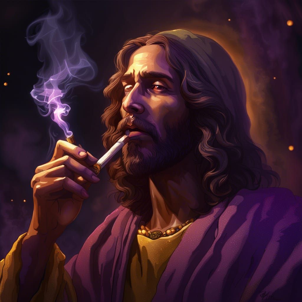 Jesus smoking a spliff with an ouzi 9mm in his hand