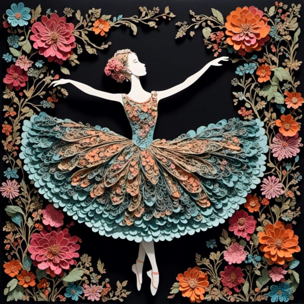 Full length portrait of a ballerina, vibrant colors, intricate and detailed, black background, <lora:paper:1.0>
