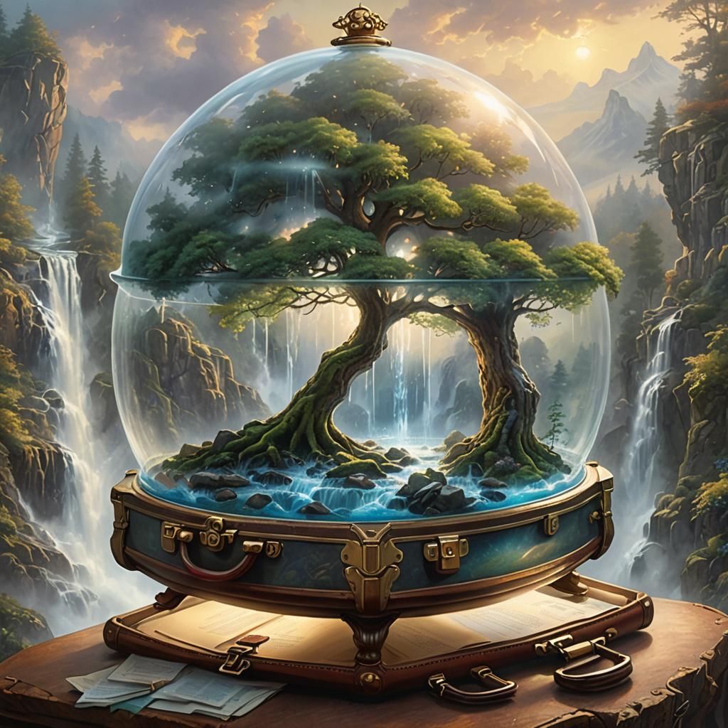 tree trapped in a glass dome in a briefcase with a waterfall