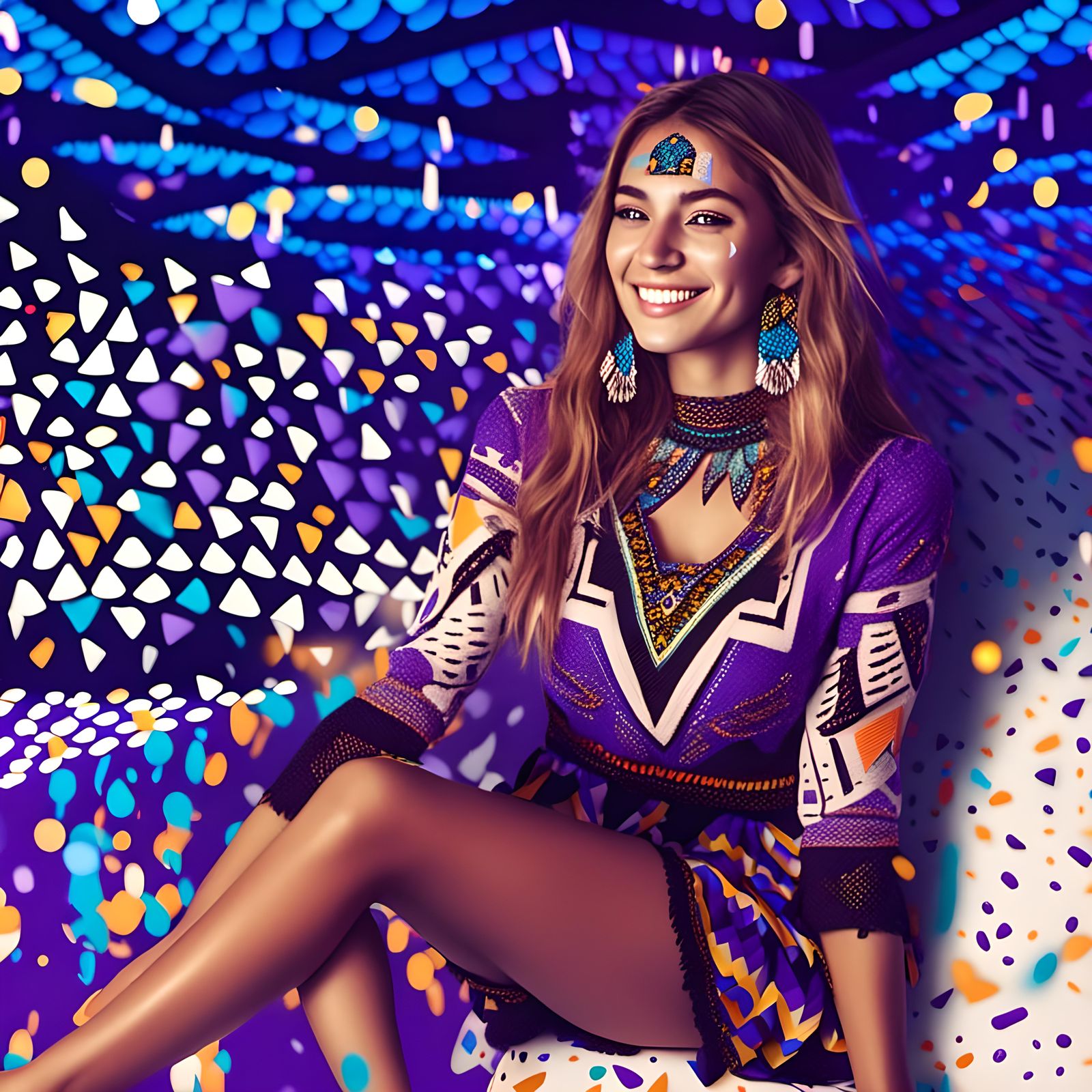 "Musica is Her Name" 

<lora:Color the Enexpected:1.0> Date at Mexican Club indian astec style minidress on primary purple triangle patterns of white black long br...