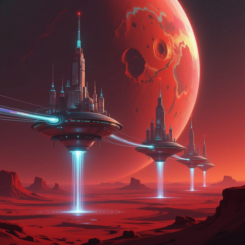 Light, ethereal mini cities, arcing glass spans connecting them to each other, all tethered to the red ...  by @Jon Williams II