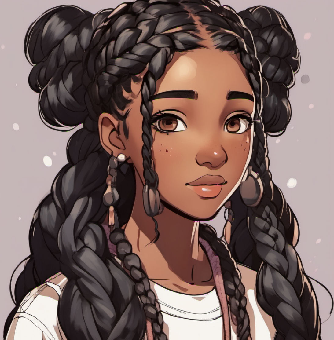 Anime teen girl, long braided black hair pulled into two bun...