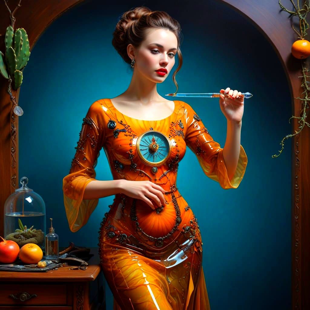 Surrealistic Lady Among Prehistoric Amber Insects, Sundial, ...