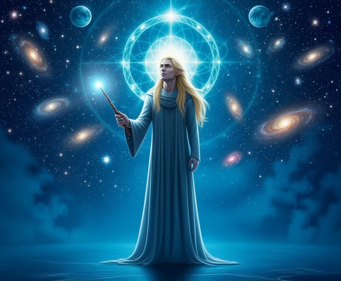 three tall figures with blond hair and pale skin standing in unity, bathed in ethereal blue light. Each figure is adorned in flowing, lumino...