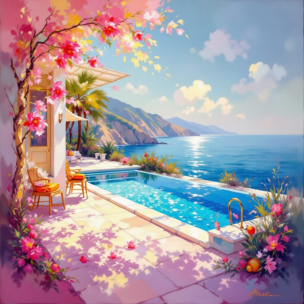 <lora:Painterly Or NotToBe:1.0> coastal villa with a pool. Rendered in a painterly style that weaves Pre-Raphaelite storytelling, impression...