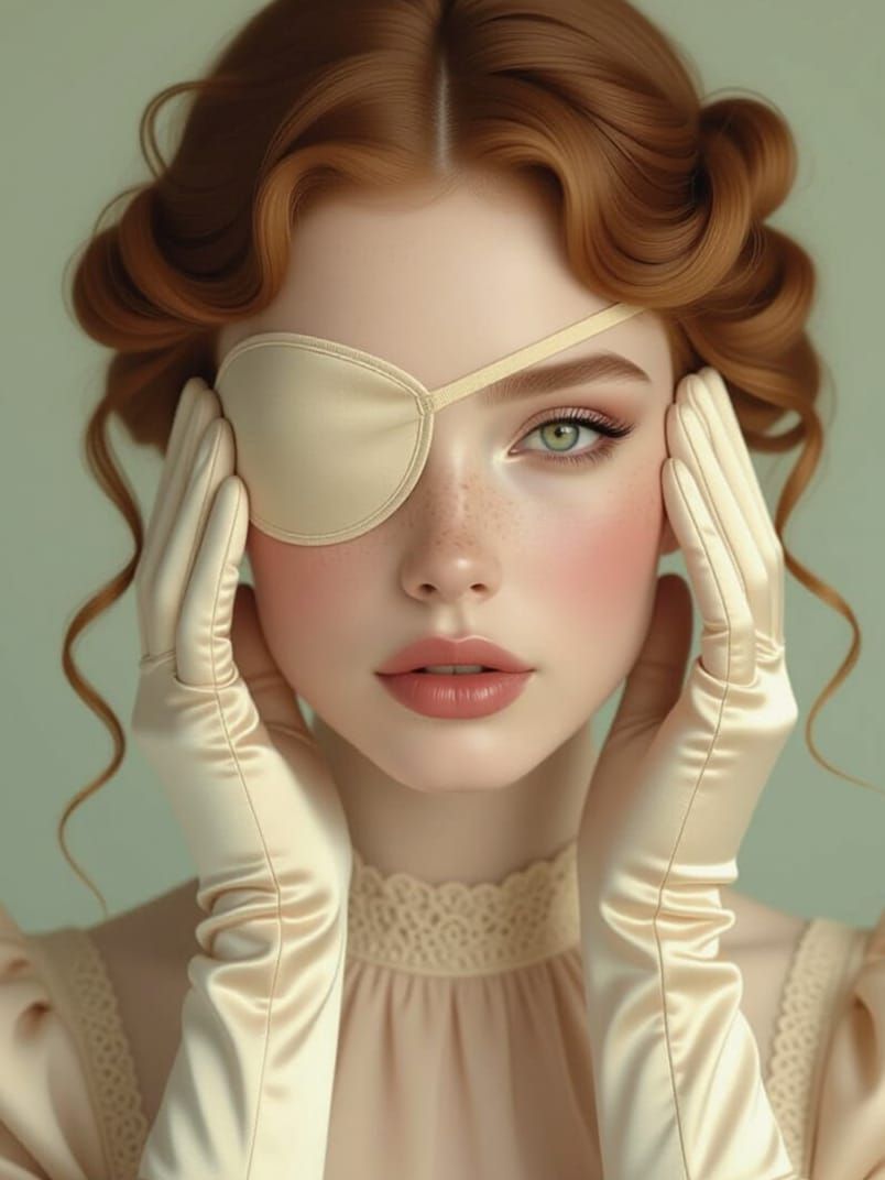 Photo portrait of a gorgeous woman in beige outfit with eyepatch touching her face with her satin gloves, no. 2