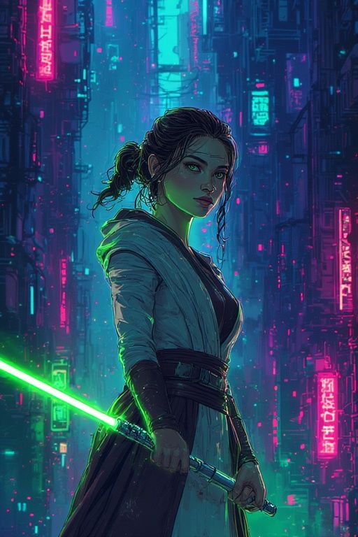 BEAUTIFUL FEMALE GEISHA JEDI KNIGHT HOLDING A GREEN LIGHTSAB...