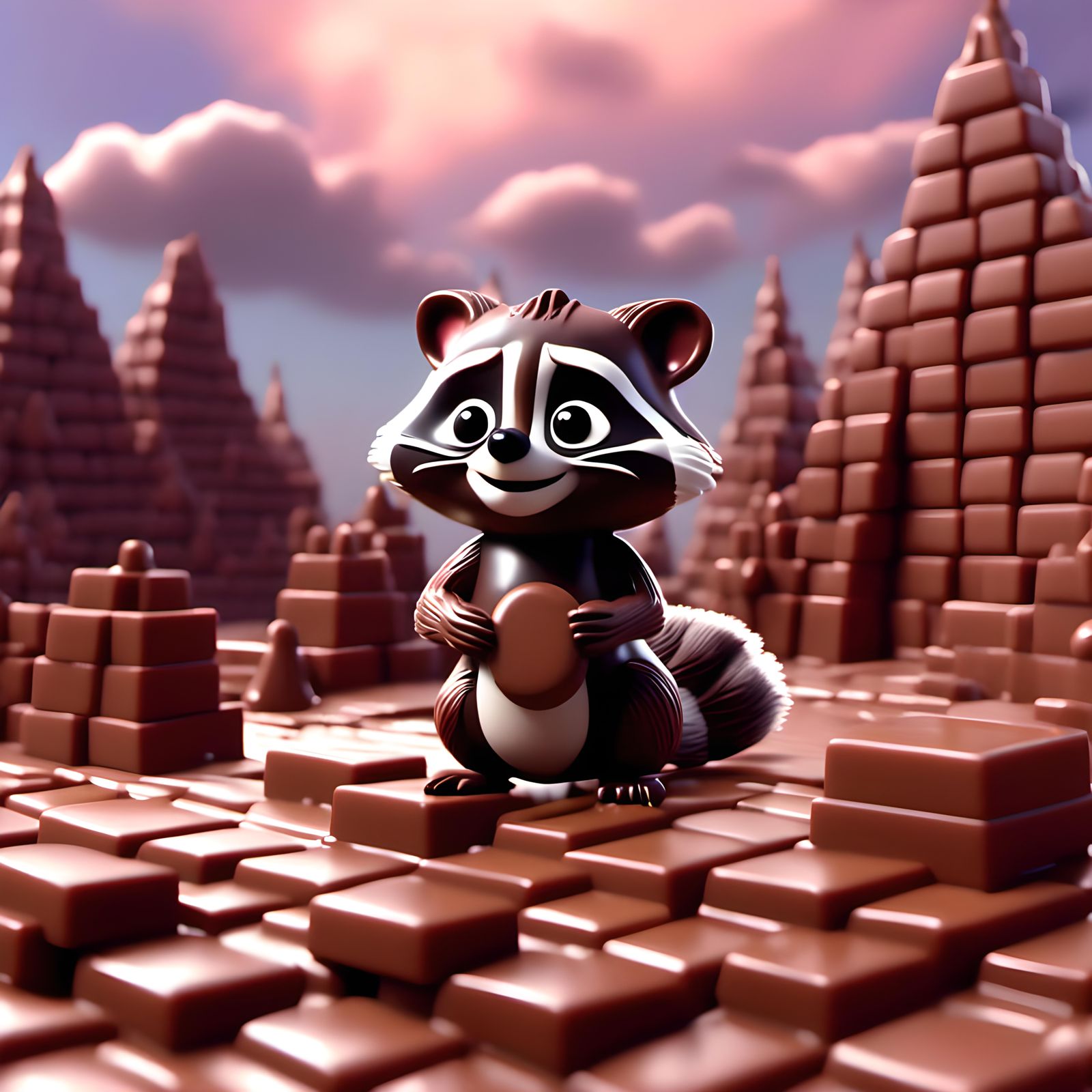 a sentient chocolate raccoon standing on a chocolate brick wall in a gummy candy village, cloudy sky, smooth cgi animation <lora:CandyLand T...