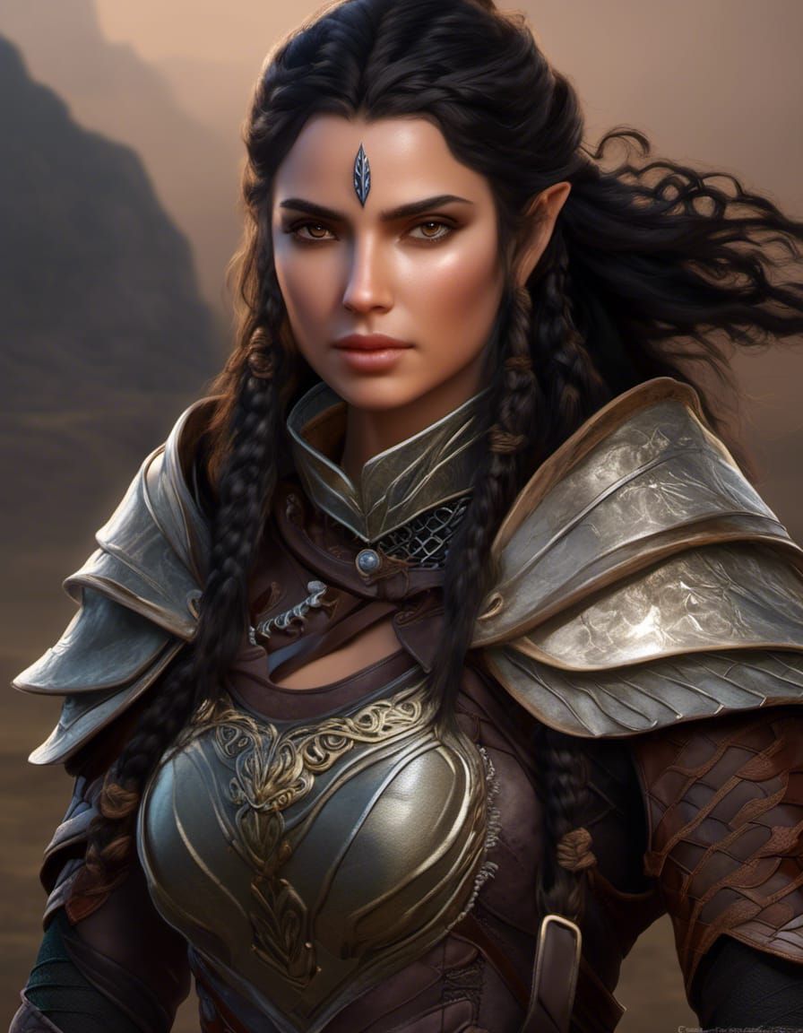 Portrait of a female half-elven ranger from the steppe, wearing ...